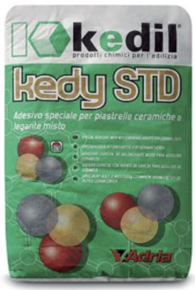 Immagine descrittiva del prodotto KEDY STD - Adesivo cementizio a legante misto ad uso professionale, per la posa di grès porcellanato, di ceramiche di qualsiasi tipo purchè stabili all'umidità